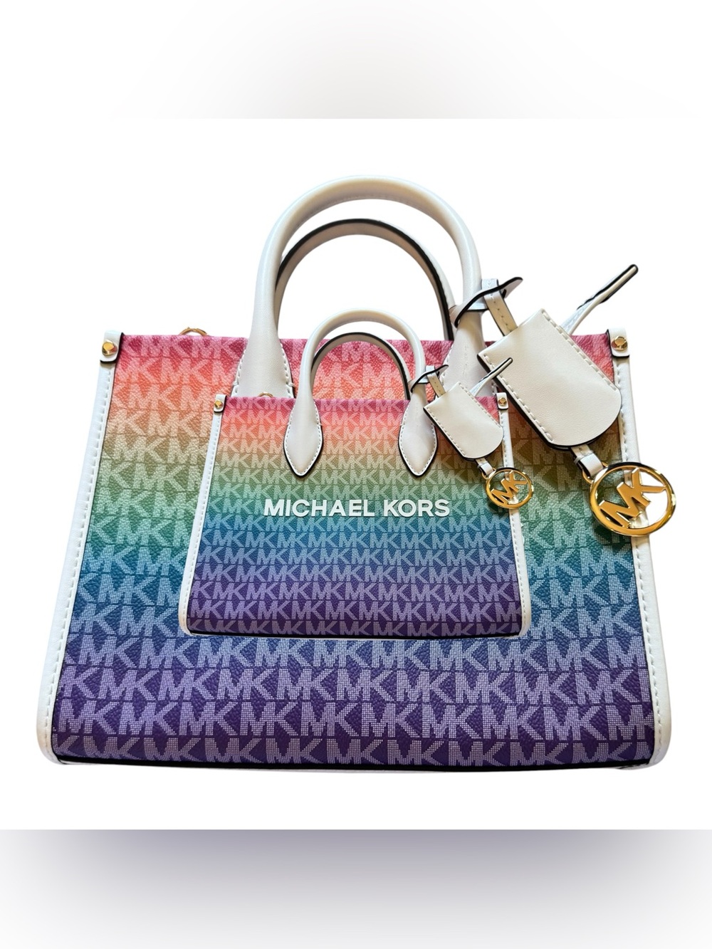 Michael Kors Rainbow Gradient MK Logo Tote with White Trim